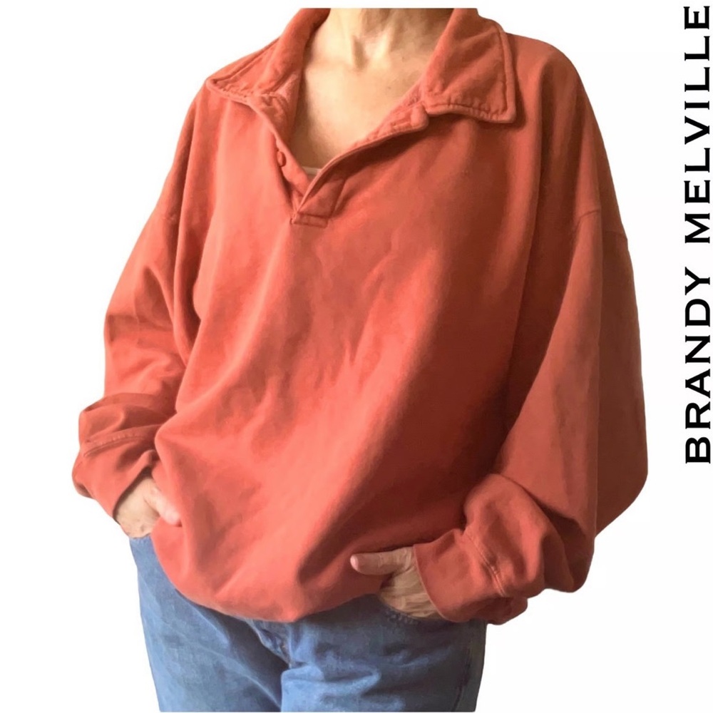 Brandy Melville Archer Sweatshirt Rusty‎ Orange Collared Button Pockets Fleece
